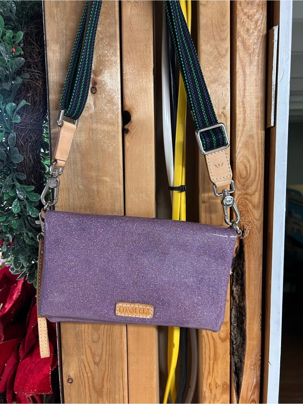 Consuela Purple Glitter Crossbody with Striped Adjustable Strap